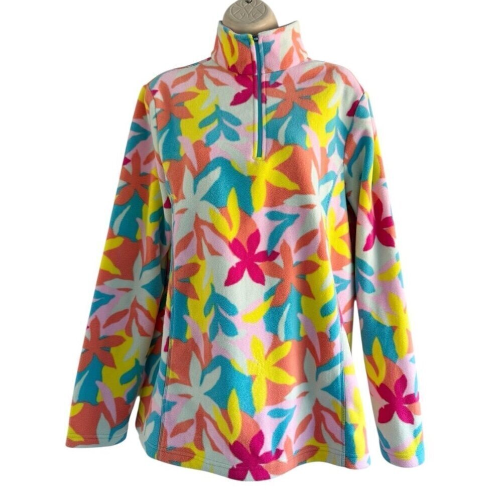 Land's End Womens Sz M/T Starfish Multi Color Bright Fleece Quarter Zip Pullover